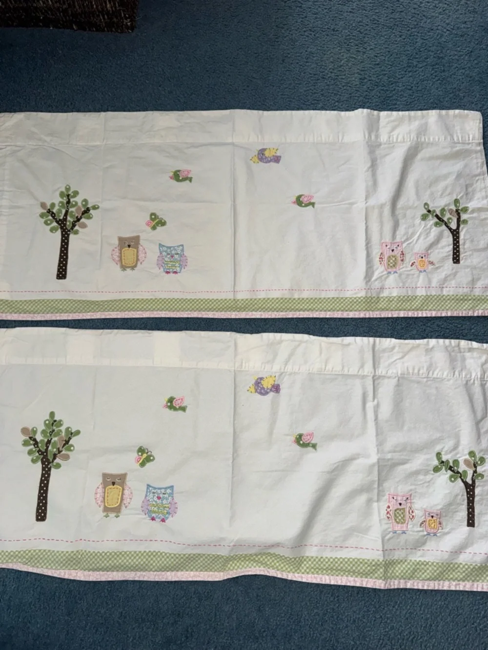 2 Pottery Barn Kids Window Owl Valance Decor Curtains White Green Set of Two